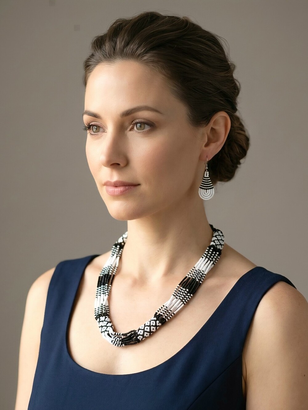 Handmade Black & White Beaded Necklace with Matching Earrings From South Africa
